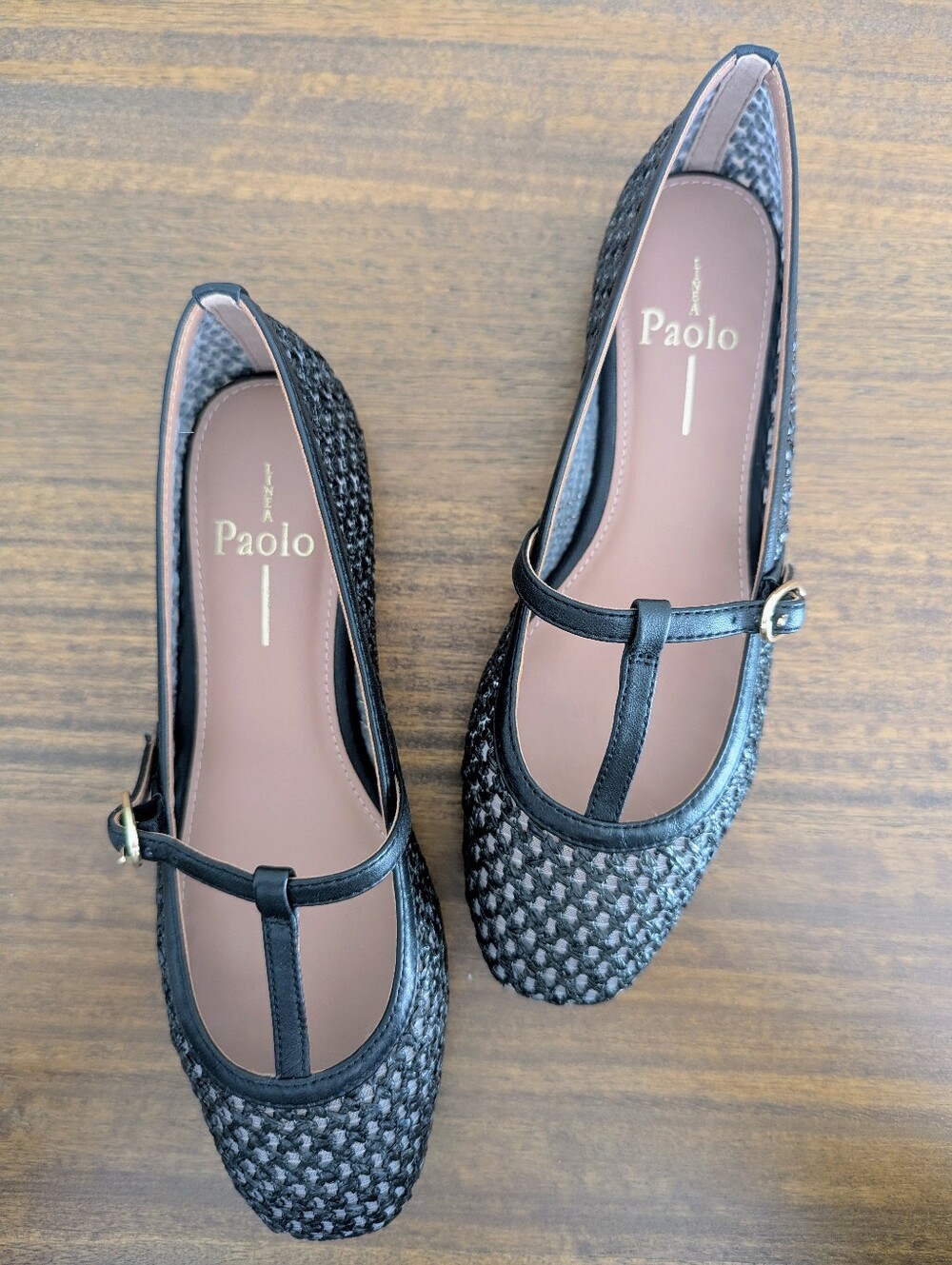 Linea Paolo Black Ballet Flat Monet Raffia Leather T-Strap Woven Size 6.5M